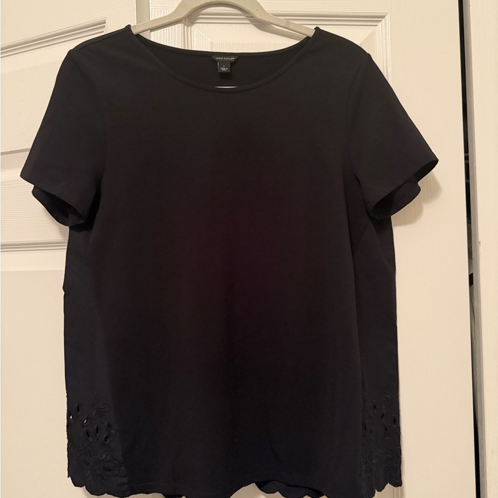 Ann Taylor Black Short Sleeve Top with Lace Hem